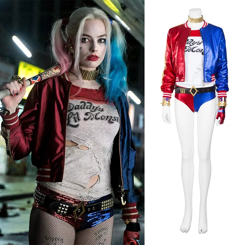 Harley Quinn Cosplay Costumes, Sexy Red Blue Bomber Jacket with ...